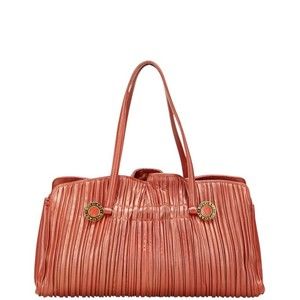 BVLGARI Pleated Tote Bag Shoulder Brown Leather Women's